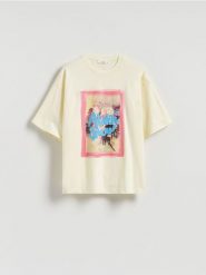 T-shirt z nadrukiem - jasnożółty. Żółte t-shirty damskie Reserved, bez wzorów, z bawełny, bez kołnierzyka. Za 59.99 zł.
