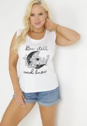 Biały Tank Top z Nadrukiem i Okrągłym Dekoltem Irinka. Białe bluzki damskie Born2be, xl, bez wzorów, bez kołnierzyka, bez ramiączek. Za 34.99 zł.