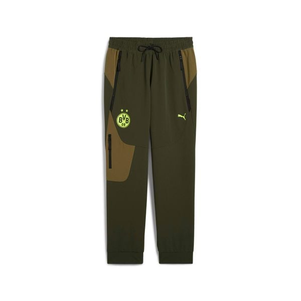 Spodnie dresowe Borussia Dortmund Tech Woven. Zielone eleganckie spodnie męskie Puma, s, bez wzorów, z dresówki, na fitness i siłownię. Za 312.75 zł.