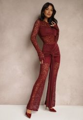 Bordowy Komplet z Koronki Zdobiony Trenem Spodnie o Szerokim Kroju i Bluzka Longsleeve Feladi. Czerwone bluzki damskie Renee, s, z aplikacjami, z koronki, eleganckie, bez kołnierzyka, bez ramiączek. Za 169.99 zł.