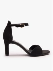 Czarne sandały na wysokim obcasie. Czarne sandały damskie Ryłko, bez wzorów, ze skóry, bez obcasa, na obcasie, bez zapięcia. Za 399.99 zł.