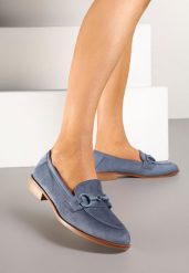 Niebieskie Mokasyny z Wkładką ze Skóry Naturalnej Zdobione Łańcuszkiem Delariona. Niebieskie mokasyny damskie Renee, z jeansu, eleganckie. Za 74.99 zł.