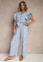Niebieski Komplet Ażurowy Bluzka o Koszulowym Kroju i Spodnie z Szeroką Nogawką Linaniria. Niebieskie bluzki damskie Renee, l, w ażurowe wzory, eleganckie, bez kołnierzyka, bez ramiączek. Za 139.99 zł.