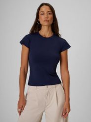 4F T-shirt slim gładki damski - granatowy M. Niebieskie t-shirty damskie 4f, m, bez wzorów, z tkaniny, klasyczne, bez kołnierzyka. Za 69.99 zł.
