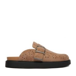 Klapki Guess Jeans. Brązowe klapki damskie Guess Jeans, z aplikacjami, z jeansu, bez obcasa. Za 279.99 zł.