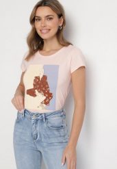 Jasnoróżowy Bawełniany T-shirt z Ozdobnym Nadrukiem Setonisea. Czerwone bluzki damskie Born2be, l, bez wzorów, z bawełny, bez kołnierzyka. Za 34.99 zł.