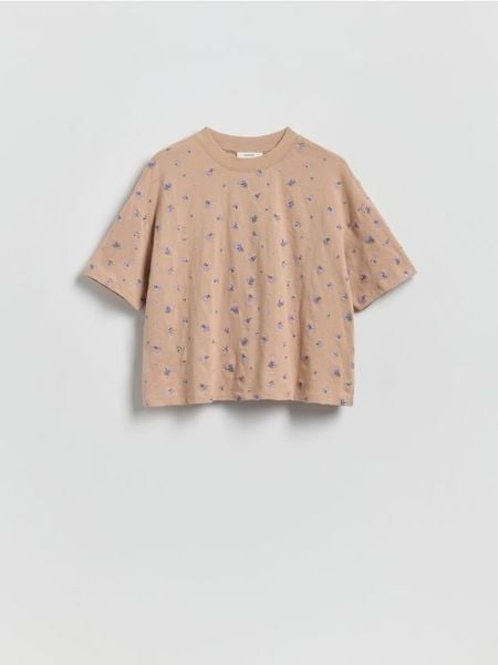 T-shirt z haftem - beżowy. Brązowe t-shirty damskie Reserved, l, bez wzorów, z bawełny, bez kołnierzyka. Za 59.99 zł.