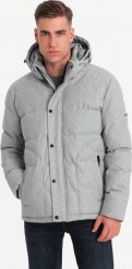 Męska casualowa kurtka puffer z wełną jasnoszary melanż V3 OM-JAHP-0203 L. Szare kurtki męskie Ombre, l, bez wzorów, z wełny, bez kaptura. Za 906.23 zł.