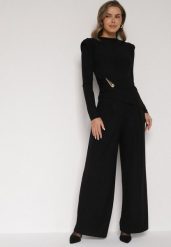 Czarny Elegancki Komplet Szerokie Spodnie i Bluzka z Usztywnianymi Ramionami Sewesta. Czarne bluzki damskie Born2be, l, bez wzorów. Za 169.99 zł.