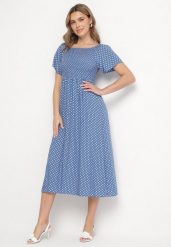 Niebieska Sukienka z Bawełny o Rozkloszowanym Kroju w Kropeczki Lisadrisa. Niebieskie sukienki damskie Born2be, na co dzień, m, bez wzorów, z bawełny, eleganckie, bez kołnierzyka, bez ramiączek, midi, rozkloszowane. Za 49.99 zł.