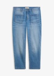 Jeansy o kroju slim, high waist, cropped. Niebieskie jeansy damskie bonprix, z podwyższonym stanem. Za 112.99 zł.