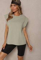 Zielony Top z Bawełny Ozdobiony Falbanką Galanetia. Zielone bluzki damskie Renee, bez wzorów, z bawełny, klasyczne, bez kołnierzyka, bez ramiączek. Za 44.99 zł.