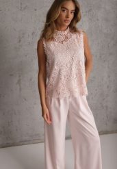 Różowy Wiskozowy Komplet Elegancki na Lato Koronkowa Bluzka i Spodnie Amatice. Czerwone spodnie materiałowe damskie Renee, m, bez wzorów, z bawełny. Za 299.99 zł.