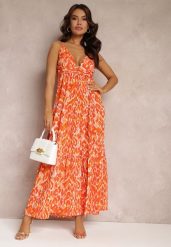 Pomarańczowa Sukienka Maxi na Regulowanych Ramiączkach z Abstrakcyjnym Wzorem Jerela. Brązowe sukienki damskie Renee, na co dzień, l, bez wzorów, z tkaniny, boho, bez kołnierzyka, bez ramiączek, maxi, proste. Za 129.99 zł.
