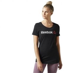 Koszulka sportowa damska Reebok Linear Read Tee. Czarne koszulki sportowe damskie Reebok, bez wzorów, bez kołnierzyka, bez ramiączek. Za 104.00 zł.