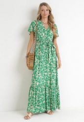 Zielona Sukienka Maxi z Gumką w Pasie w Kwiaty Aretocia. Zielone sukienki damskie Born2be, l, bez wzorów, bez kołnierzyka, bez ramiączek, maxi. Za 79.99 zł.