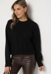 Czarny Sweter z Wełną Ściągaczem i Tłoczeniem Riavonnae. Czarne swetry damskie Born2be, bez wzorów, z jeansu, eleganckie, bez kołnierzyka, bez ramiączek, bez kaptura. Za 64.99 zł.