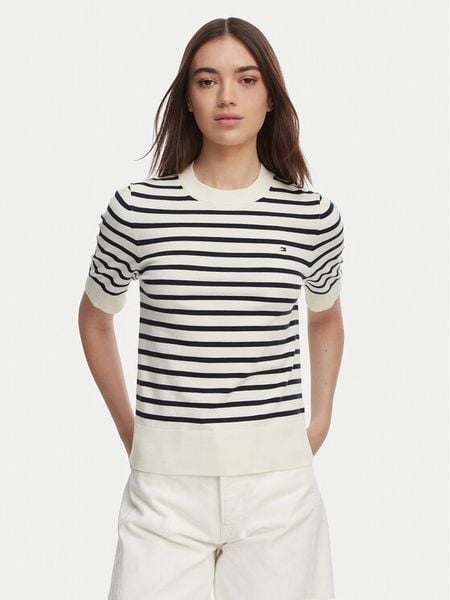 Tommy Hilfiger Sweter WW0WW49705 Biały Slim Fit. Białe swetry damskie Tommy Hilfiger, m, bez wzorów, z bawełny, bez kołnierzyka, bez ramiączek, bez kaptura. Za 316.99 zł.