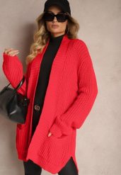 Czerwony Kardigan z Kieszeniami Niezapinany Parika. Czerwone kardigany damskie Renee, m, bez wzorów, z jeansu, eleganckie, bez kołnierzyka, bez ramiączek, bez kaptura. Za 59.99 zł.