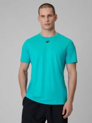 4F Koszulka treningowa regular szybkoschnąca męska - turkusowa XL. Niebieskie koszulki sportowe męskie 4f, m, bez wzorów, bez kołnierzyka, bez ramiączek, na fitness i siłownię. Za 99.99 zł.