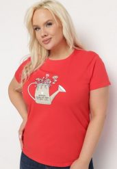 Czerwony Bawełniany T-shirt z Ozdobnym Nadrukiem Littana. Czerwone bluzki damskie Born2be, l, bez wzorów, z bawełny, klasyczne, bez kołnierzyka. Za 39.99 zł.