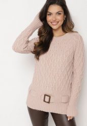 Jasnoróżowy Sweter z Ozdobnym Splotem z Paskiem i Klamrą Riean. Czerwone swetry damskie Born2be, m, bez wzorów, z jeansu, klasyczne, bez kołnierzyka, bez ramiączek, długie, bez kaptura. Za 99.99 zł.