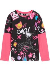 Shirt dziewczęcy w optyce warstwowego, z bawełny organicznej. Czarne t-shirty i topy dla dziewczynek bonprix, bez wzorów, z bawełny, bez ramiączek. Za 57.99 zł.