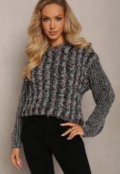 Czarny Sweter w Warkoczykowy Splot Salvio. Czarne swetry damskie Renee, m, bez wzorów, z dzianiny, casualowe, bez kołnierzyka, bez ramiączek, długie, bez kaptura. Za 69.99 zł.