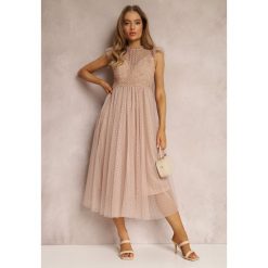 Beżowa Sukienka Canissa. Brązowe sukienki damskie Renee, m, bez wzorów, z koronki, bez kołnierzyka, bez ramiączek, midi, rozkloszowane. Za 199.99 zł.
