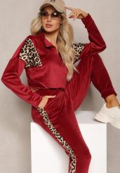 Bordowy Komplet Dresowy z Weluru z Krótką Bluzą i Spodniami Joggerami z Panterkowym Wzorem Limitta. Czerwone bluzy damskie Renee, m, bez wzorów, z dresówki, bez kaptura. Za 69.99 zł.