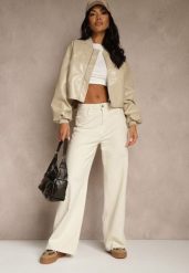 Jasnobeżowe Jeansy Wide Leg High Waist z Postrzępionymi Krawędziami Brizess. Brązowe jeansy damskie Renee, z podwyższonym stanem. Za 99.99 zł.