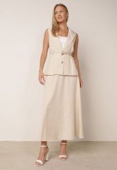 Jasnobeżowy Komplet w stylu Garniturowym Trapezowa Długa Spódnica i Kamizelka z Kołnierzem i Paskiem Pentha. Brązowe spódnice damskie Born2be, l, bez wzorów, eleganckie, maxi, dopasowane. Za 229.99 zł.