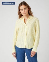 DAMSKA KOSZULA MATERIAŁOWA WRANGLER STRIPE SHIRT BUTTERCUP YELLO W5R6BDXJF 112130317. Bluzki damskie Wrangler, s, bez wzorów, z materiału, bez kołnierzyka, bez ramiączek. Za 129.99 zł.