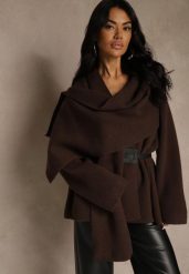 Brązowy Elegancki Kardigan z Wiskozy z Paskiem i Narzutką Roweda. Brązowe kardigany damskie Renee, bez wzorów, z jeansu, eleganckie, bez kołnierzyka, bez ramiączek, bez kaptura. Za 209.99 zł.