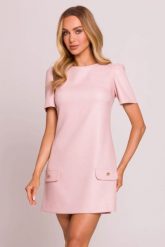 Elegancka sukienka trapezowa mini brzoskwiniowa. Pomarańczowe sukienki dla dziewczynek MOE, bez wzorów, z tkaniny, biznesowe, bez ramiączek, krótkie. Za 329.00 zł.