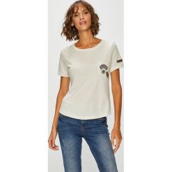 Roxy - Top. Szare topy damskie Roxy, z aplikacjami, z bawełny, z okrągłym kołnierzem, z krótkim rękawem. Za 149.90 zł.