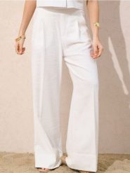 Spodnie wide leg z zakładkami - kremowy. Białe spodnie materiałowe damskie Sinsay, l, bez wzorów, z materiału. Za 59.99 zł.