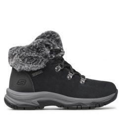 Trzewiki Skechers. Czarne botki damskie Skechers, bez obcasa, na płaskiej podeszwie, bez zapięcia. Za 279.99 zł.