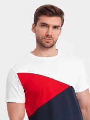Trójkolorowy t-shirt męski bawełniany - biało-granatowy V3 - Rozmiar: L. Białe t-shirty męskie Ombre Clothing, l, bez wzorów, z bawełny, klasyczne, bez kołnierzyka. W wyprzedaży za 24.99 zł.
