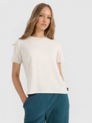 4F T-shirt z prążkowanej dzianiny z modalem damski - beżowy L. Brązowe t-shirty damskie 4f, l, bez wzorów, z dzianiny, bez kołnierzyka. Za 79.99 zł.