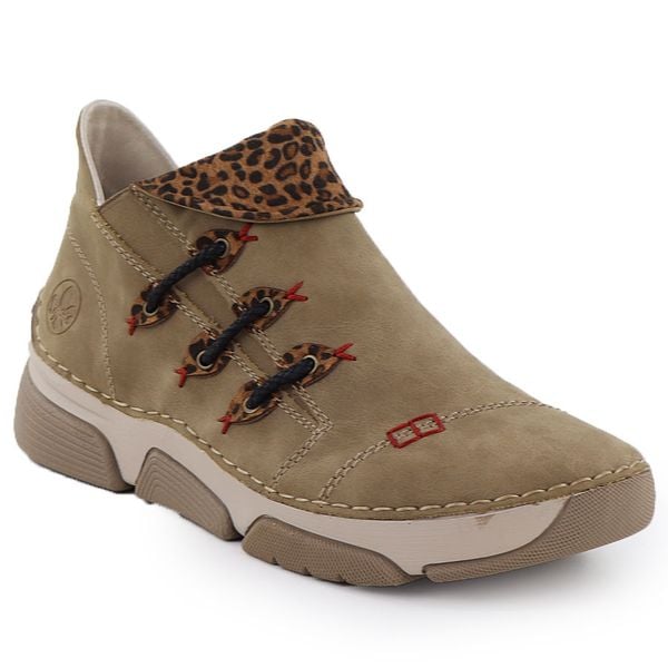 Botki damskie zmotywem panterki beżowe Rieker 45983-64. Brązowe botki damskie Rieker, ze skóry ekologicznej, bez obcasa, bez zapięcia. Za 349.00 zł.