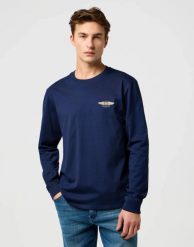 MESKA KOSZULKA WRANGLER LS AMERICANA TEE NAVY 112371469. Niebieskie bluzki z długim rękawem męskie Wrangler, xxl, bez wzorów, bez kołnierzyka. Za 99.99 zł.