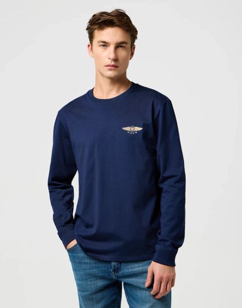 MESKA KOSZULKA WRANGLER LS AMERICANA TEE NAVY 112371469. Niebieskie bluzki z długim rękawem męskie Wrangler, xxl, bez wzorów, bez kołnierzyka. Za 99.99 zł.