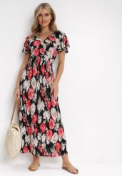 Czarno-Czerwona Rozkloszowana Sukienka Maxi z Kopertowym Dekoltem i Marszczoną Gumką w Pasie Saera. Czerwone sukienki damskie Born2be, l, bez wzorów, bez kołnierzyka, bez ramiączek, maxi, kopertowe. Za 69.99 zł.