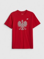 4F Koszulka kibica męska - czerwona S. Czerwone koszulki sportowe męskie 4f, m, bez wzorów, z dzianiny, bez kołnierzyka, bez ramiączek. Za 79.99 zł.
