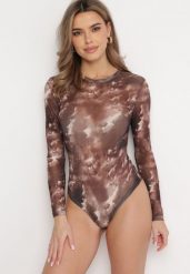 Brązowe Body w Marmurkowy Wzór z Długimi Rękawami Talinse. Brązowe bluzki damskie Born2be, l, bez wzorów, bez kołnierzyka, bez ramiączek. Za 79.99 zł.