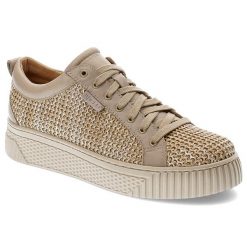 Beżowe Sneakersy Nessi Modne Obuwie Damskie. Brązowe półbuty damskie Nessi, bez wzorów, z materiału, eleganckie, bez obcasa, bez zapięcia. Za 399.99 zł.