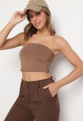Jasnobrązowy Dopasowany Top z Gumką na Plecach Arohia. Brązowe koszule damskie Born2be, na lato, l, bez wzorów, bez kołnierzyka, bez ramiączek. Za 59.99 zł.