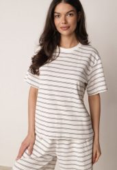 Biało-Czarny Bawełniany T-shirt w Poziome Paski Rive. Czarne bluzki damskie Born2be, l, bez wzorów, z bawełny, klasyczne, bez kołnierzyka, bez ramiączek. Za 59.99 zł.