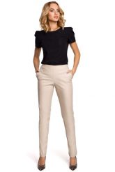 Beżowe Eleganckie Spodnie Rurki z Eko-skóry. Brązowe spodnie materiałowe damskie MOE, l, bez wzorów, z elastanu. Za 213.90 zł.